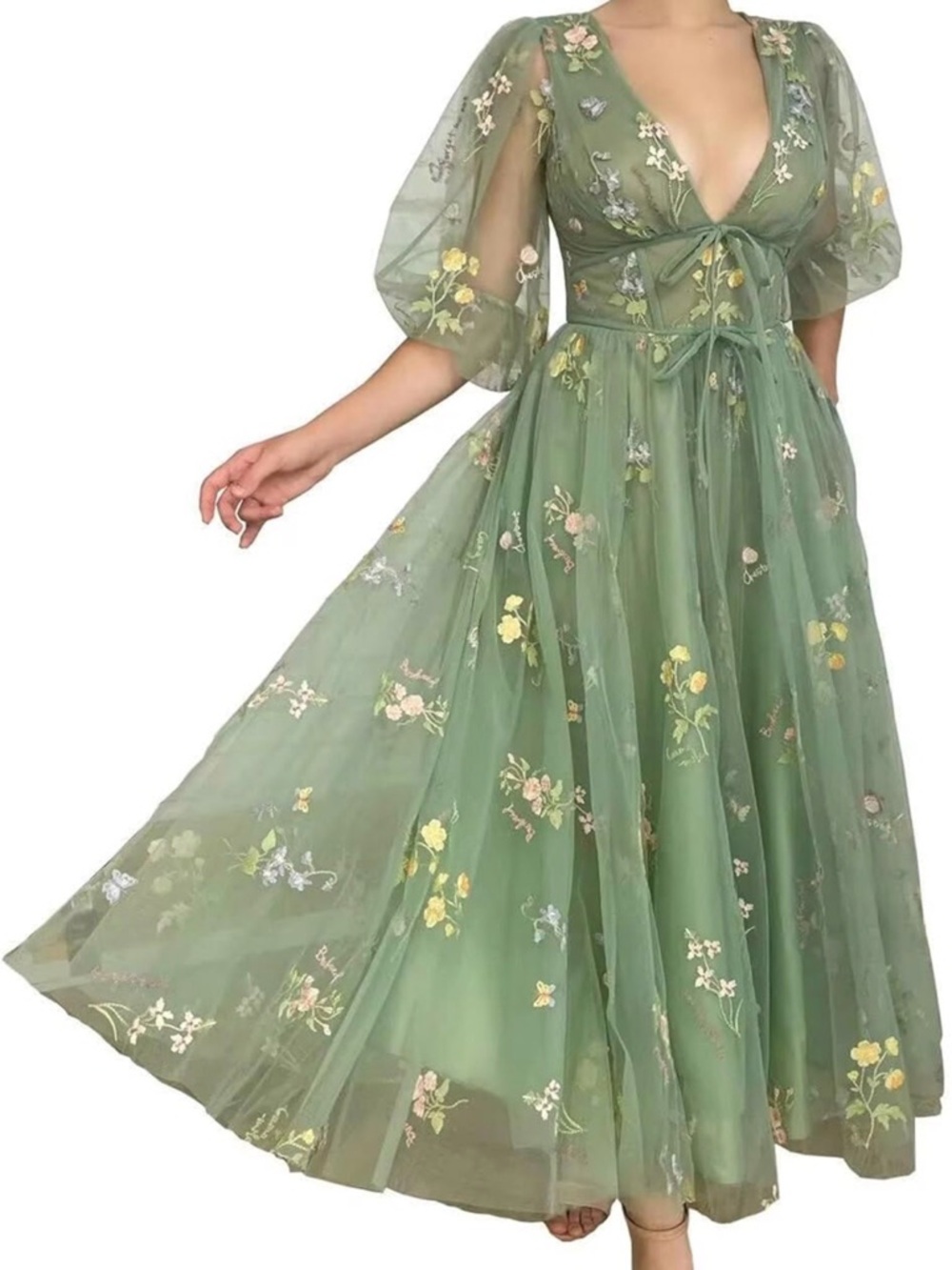 Green Embroidered Tulle Women's cottagecore Dress
